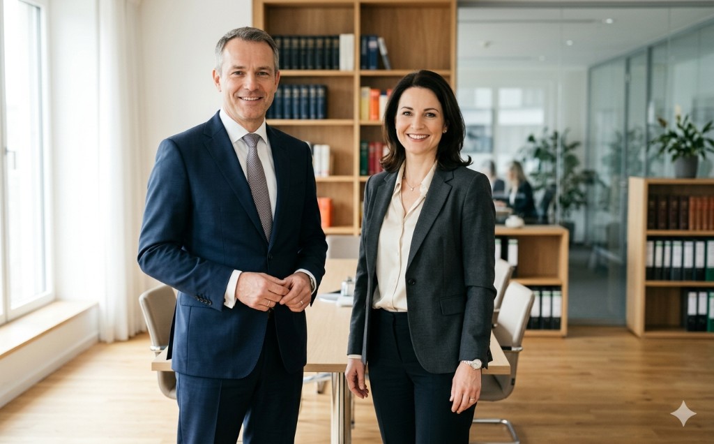 Zwei Rechtsanwaelte von Hoffmann und Partner in einem hellen Kanzleiraum